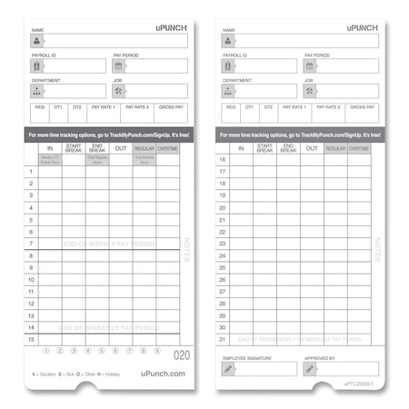 Upunch Time Clock Cards for HN4000, Two Sides, 7.37 x 3.37, PK50 HNTCL2050